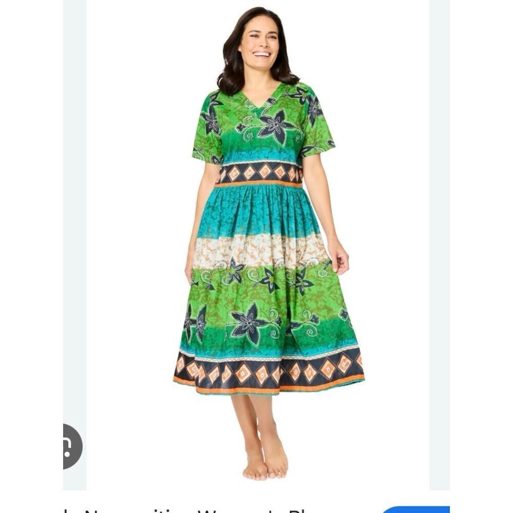 Only Necessities Green & Turquoise Calypso Print Tiered Dress sz 2X ( 26/28) EUC